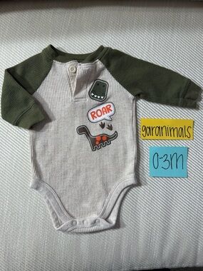 NWOT Garanimals Olive & Cream Dino 'ROAR' Raglan Infant Bodysuit, 0-3 Months